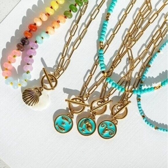 Zodiac Pendant Necklace Waterproof Gold Toggle Clasp Turquoise pendant Necklace - Picture 1 of 16